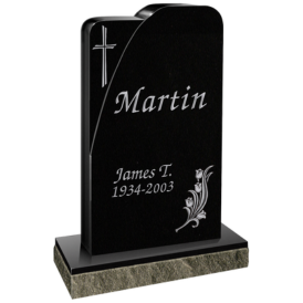 tall black headstone with cross and flower engraving